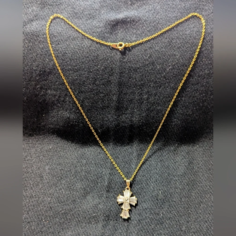 Gold Tone Clear Rhinestone Cross Pendant Statement Necklace